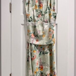 LoveShackFancy INSPIRED Floral Satin Slip 2 Piece in Sage Green with Lace Trim